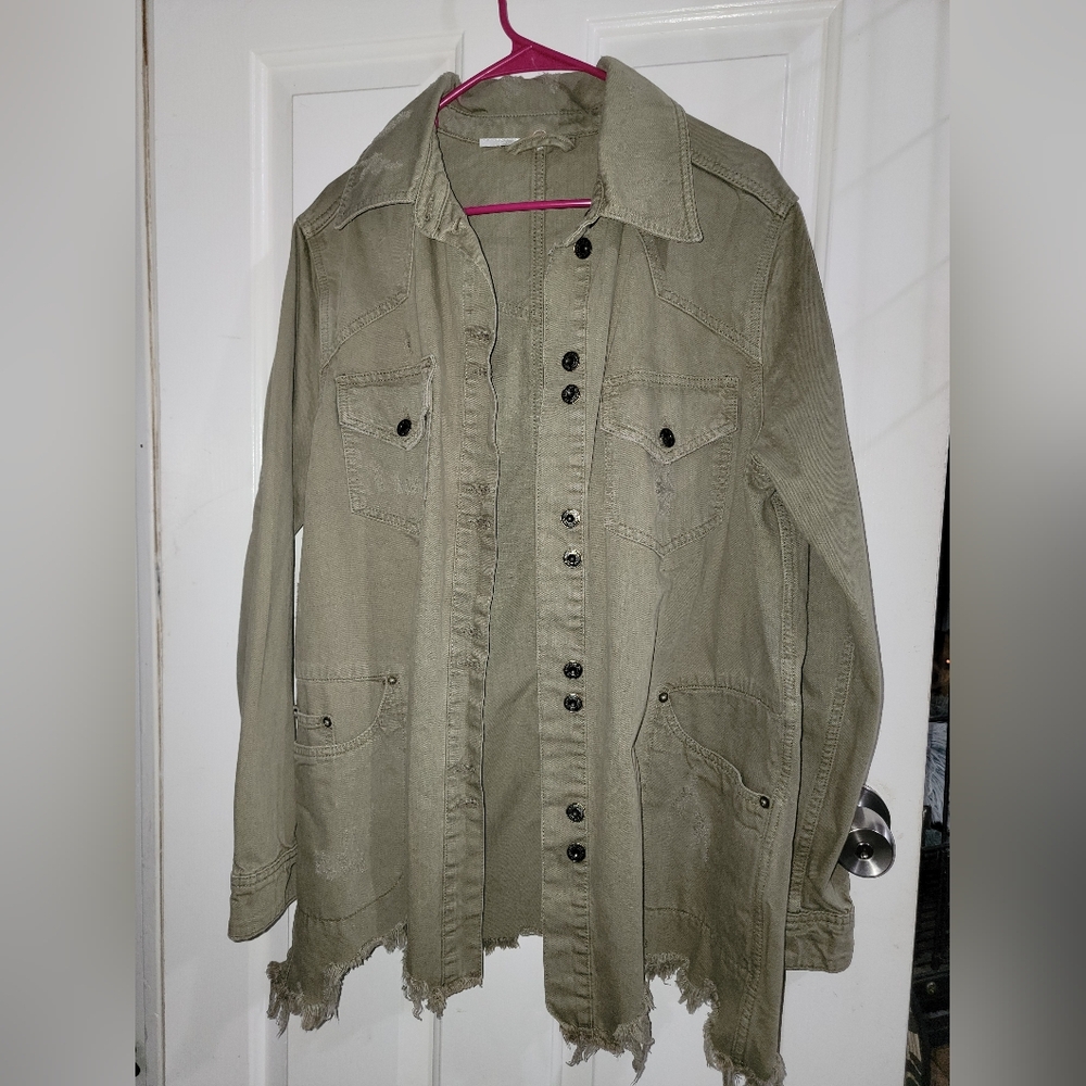 Free People Khaki Utility Jacket Sz Med Cotton. Distressed Edge NWT